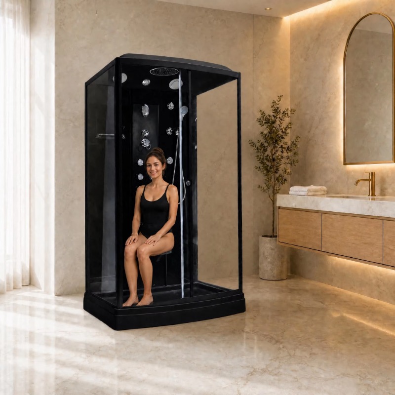Massage - Luxuriöse schwarze rechteckige Acryl-Duschkabine mit Dampf-